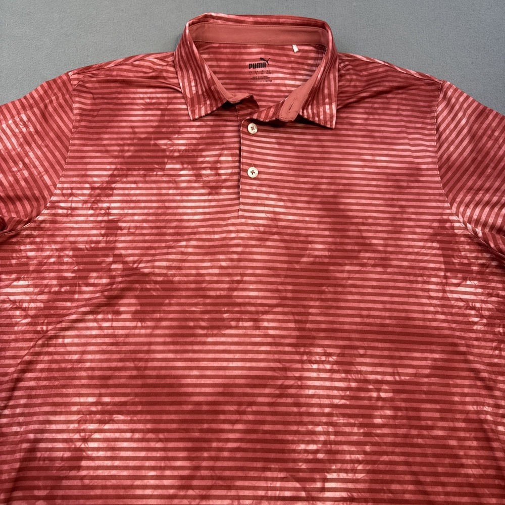 Puma Golf Polo Shirt Mens Size L Red Striped Floral Short Sleeve